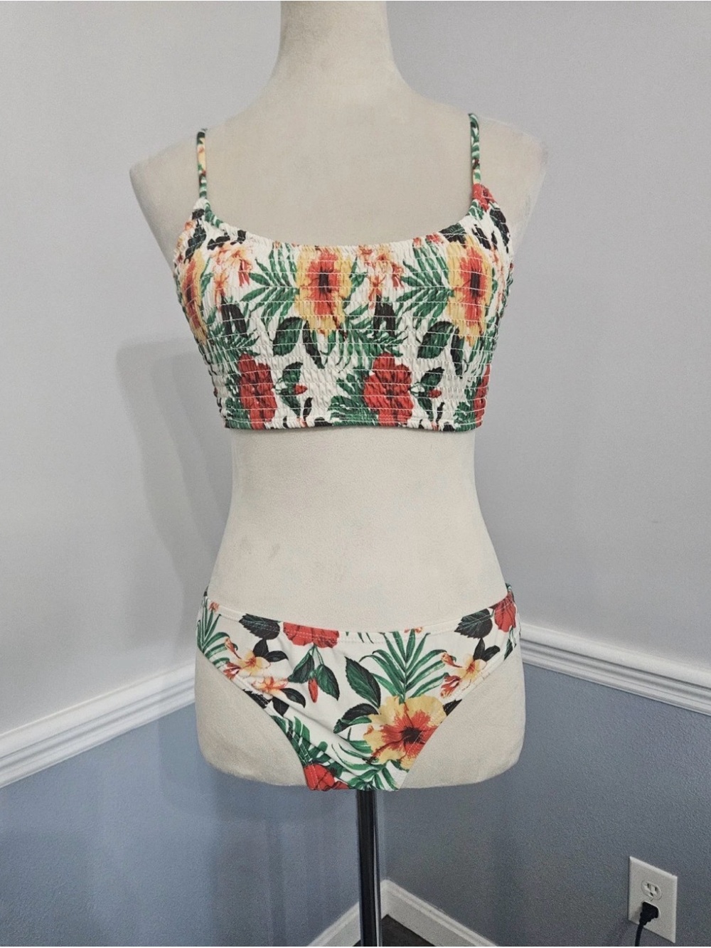 Cabana Del Sol Tropical Floral Smocked Bikini Set